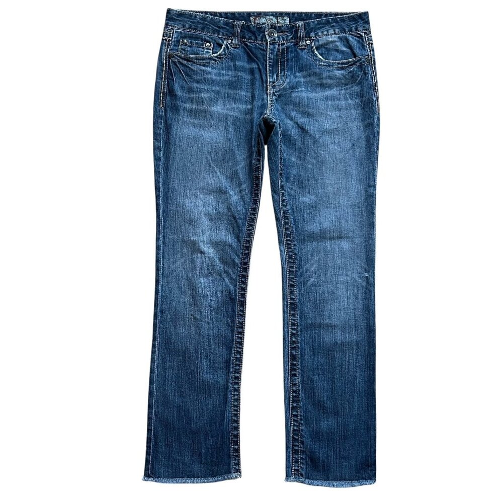 BKE Jeans Womens 29 Blue Lexi Stretch Bootcut Thick Stitch Raw Hem Denim